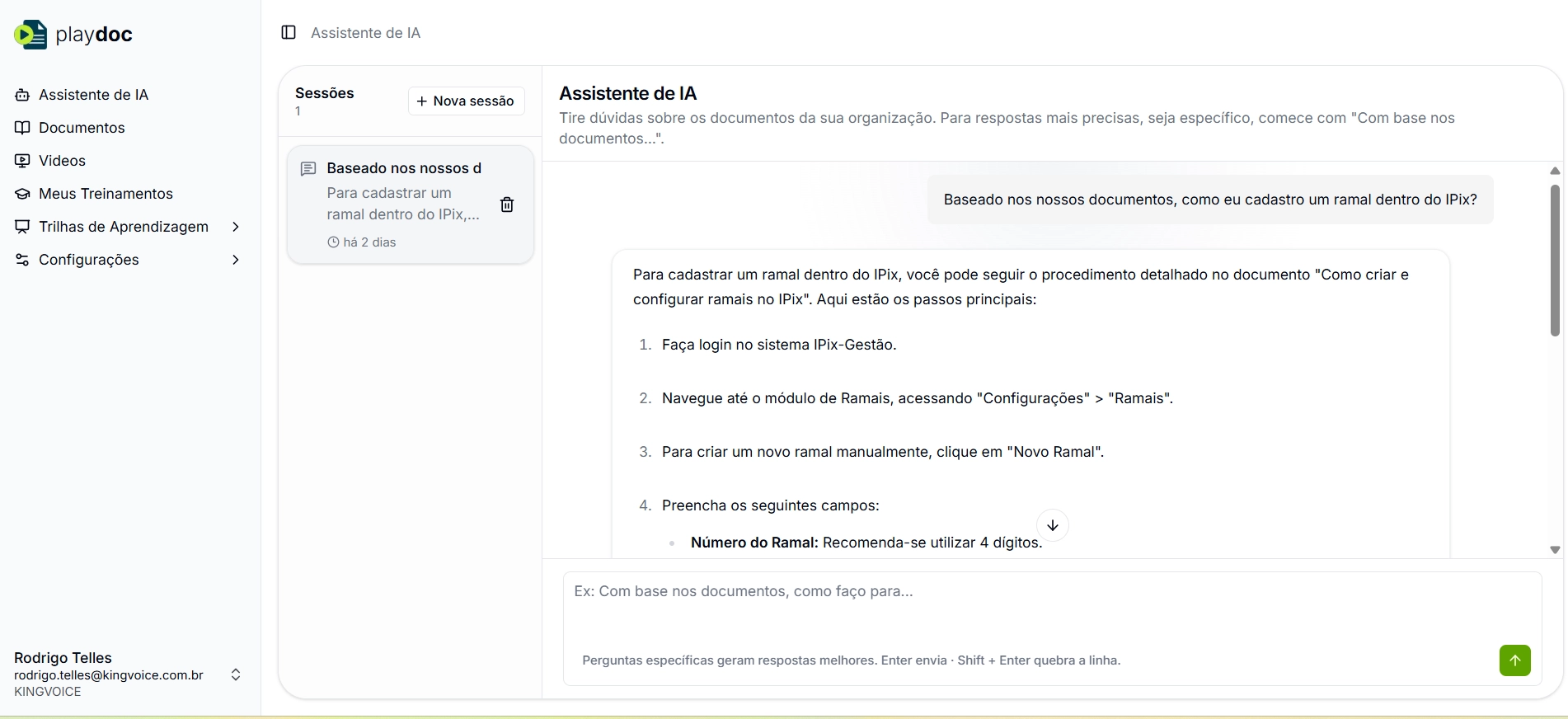 Assistente de IA do Playdoc respondendo perguntas de clientes sobre o produto