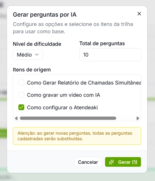 Modal de geração de quiz com IA no Playdoc